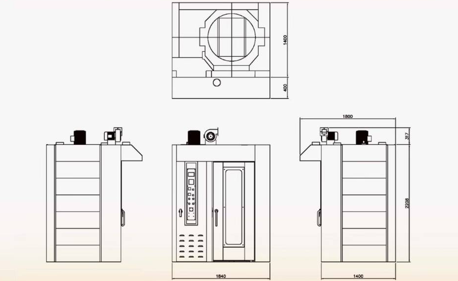 CF-102 旋轉台車爐 外觀與尺寸示意｜鴻成食品機械行